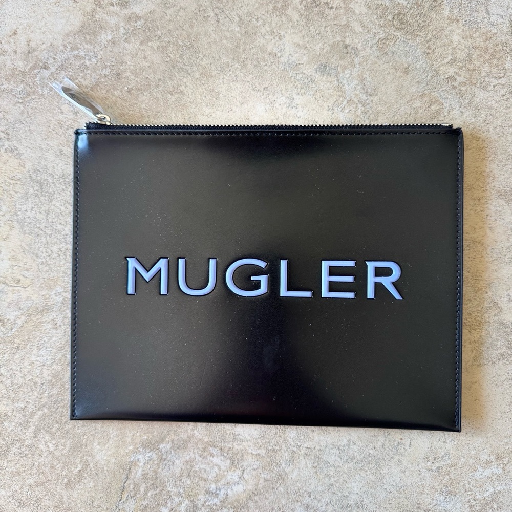 MUGLER PARFUM Cosmetic Pouch Bag Makeup Clutch Black Purple Logo Faux Leather